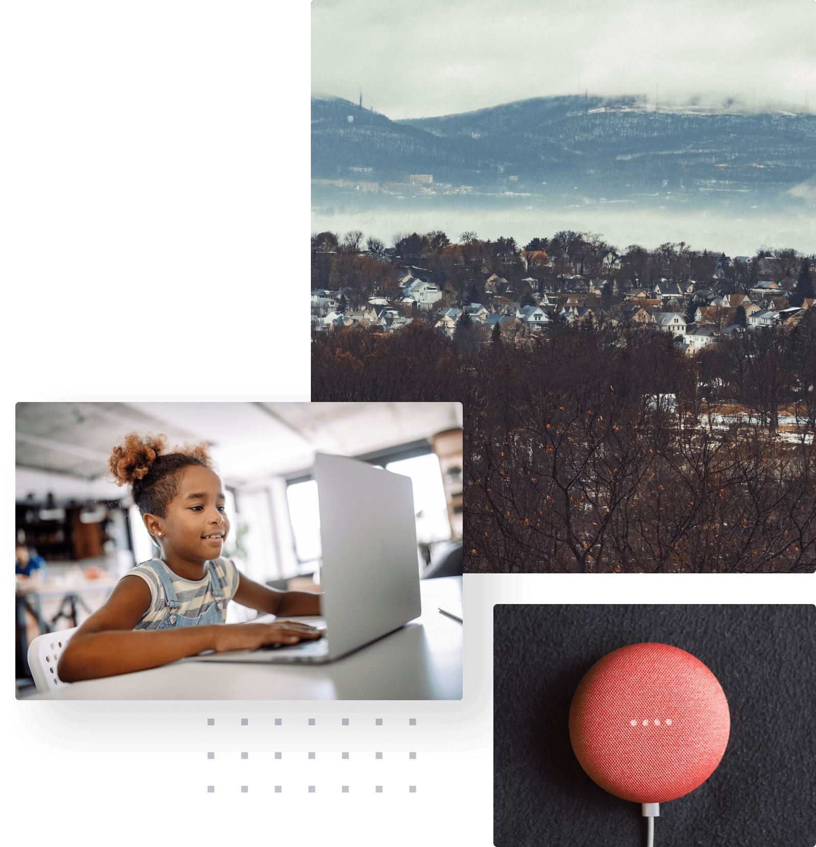 Collage photo of Palmerton, young girls using laptop at school, and a Amazon Alexa